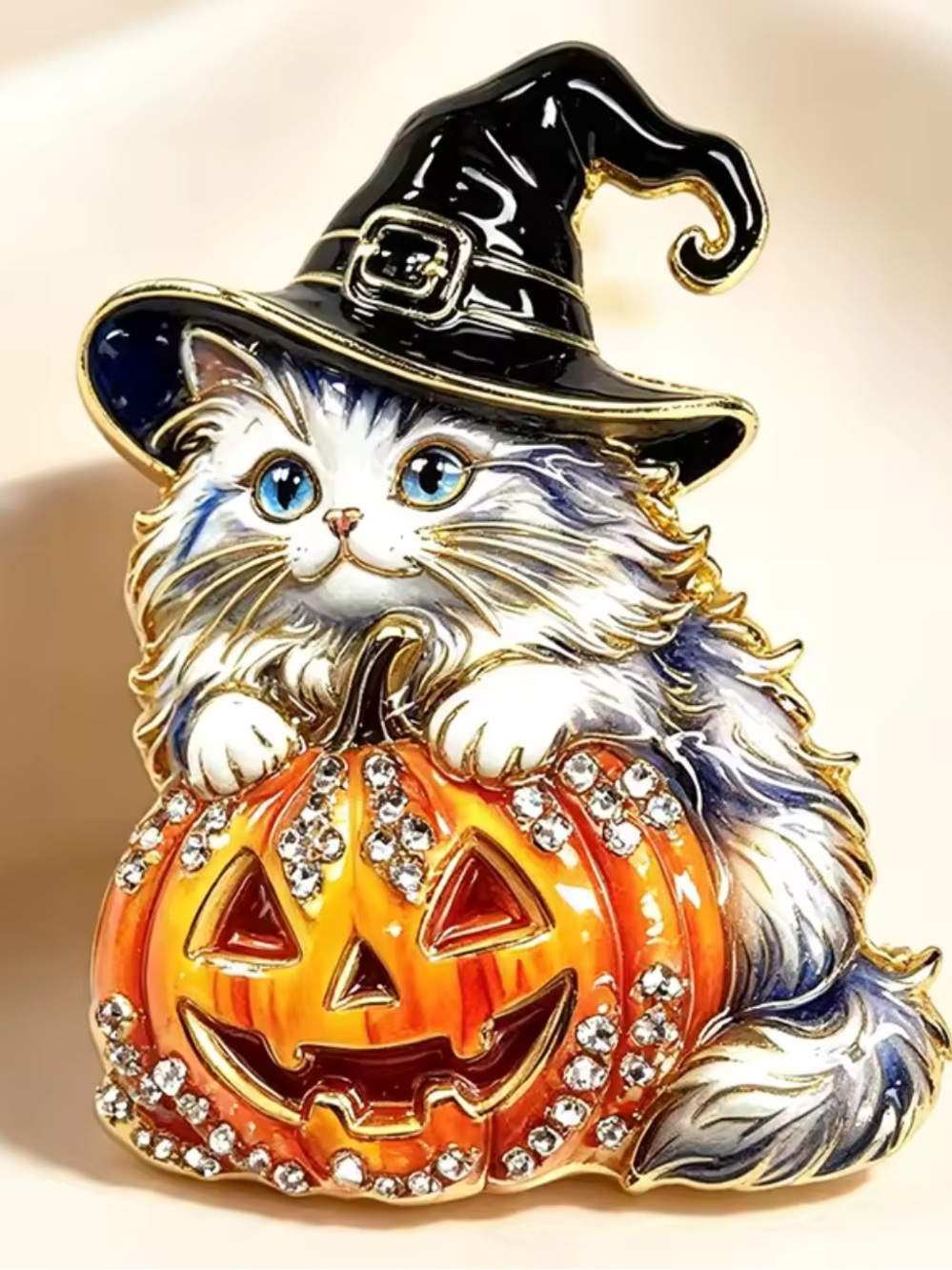 Halloween Cat Brooch with Orange Pumpkin and Black Witch Hat